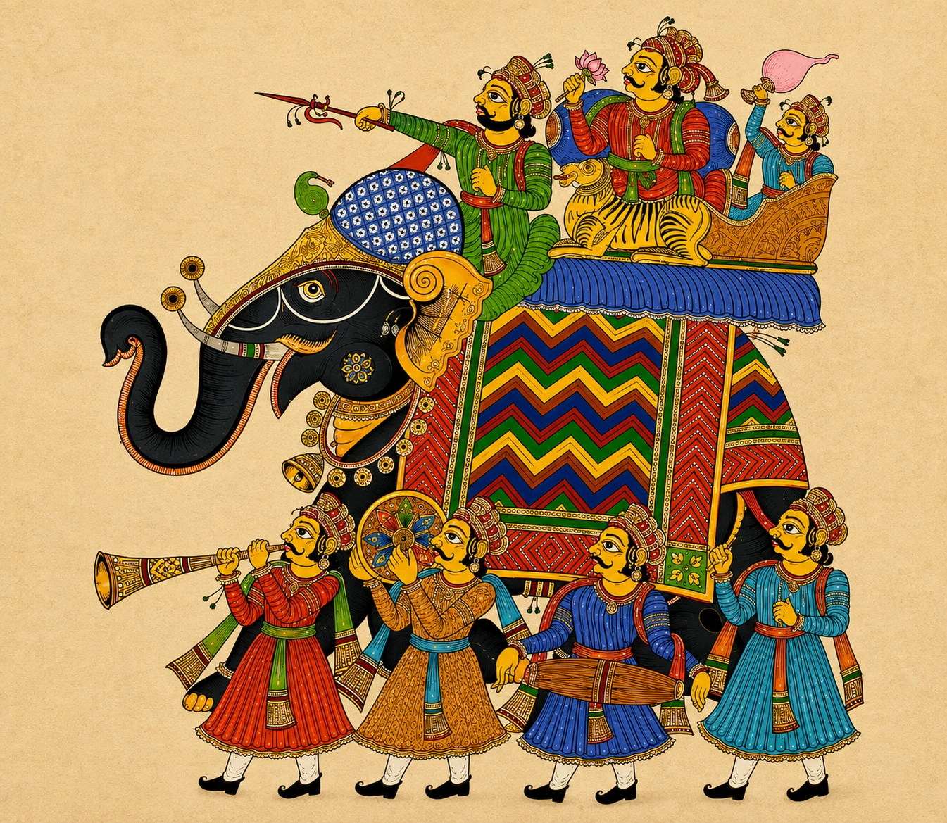 Folk painting of a baraat procession with an elephant