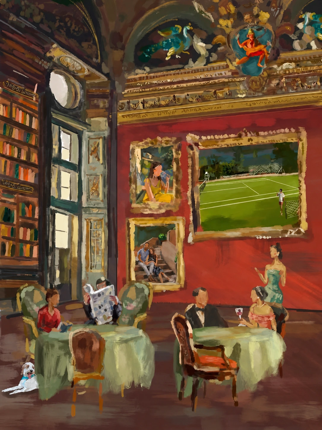 Painting of a grand library bar with guests at tea