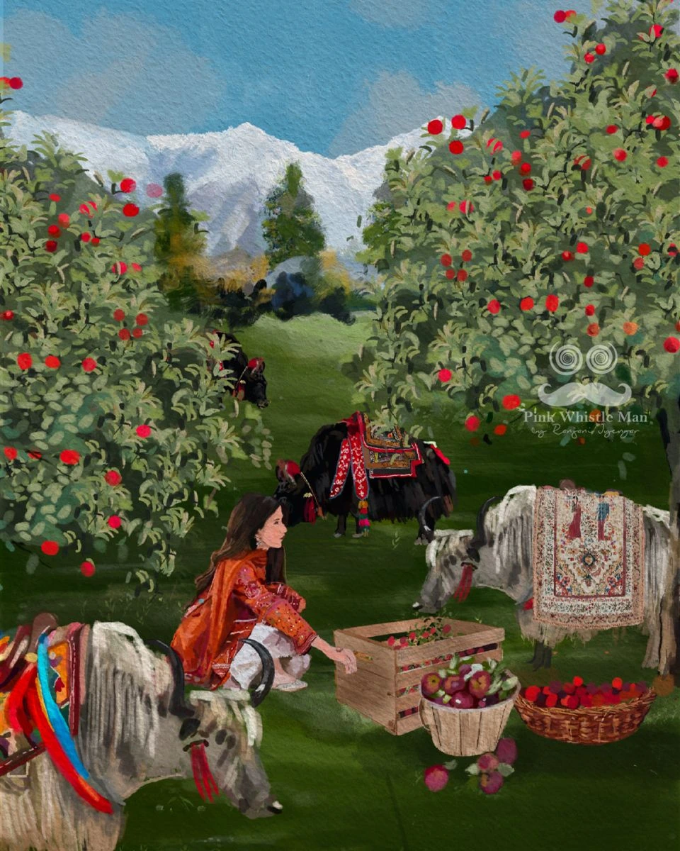 Painting of a woman with a yak in an apple orchard beneath the Himalayas