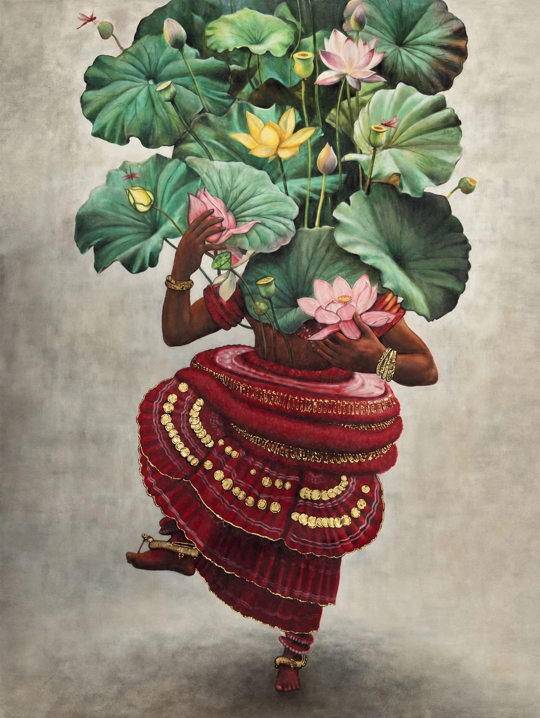 Painting of a dancer carrying lotus leaves